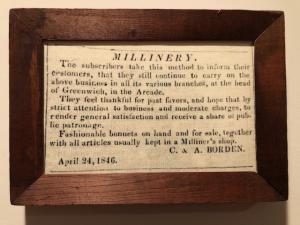 The Misses Borden selling fashionable bonnets in the Arcade, 1846